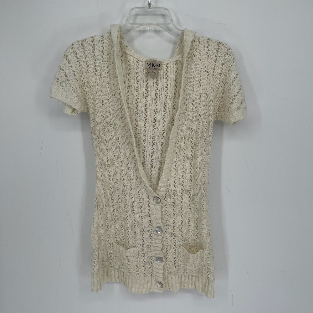 MKM Designs Women's Y2K Cream Crochet Button Up Hooded Cardigan Sweater Size M